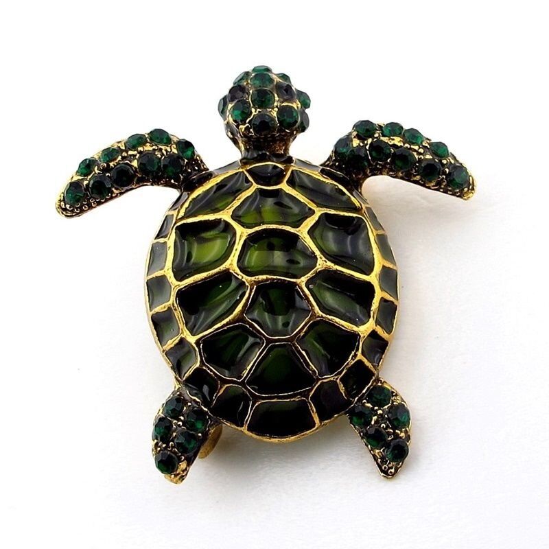 Deniz Kaplumbağası Yeşil Zirkon Taşlı Metal Rozet Broş RZ311