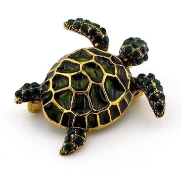 Deniz Kaplumbağası Yeşil Zirkon Taşlı Metal Rozet Broş RZ311