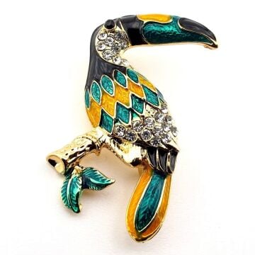 Tucan Papağanı Egzotik Renkli Zirkon Taşlı Metal Yaka Süsü Broş RZ314