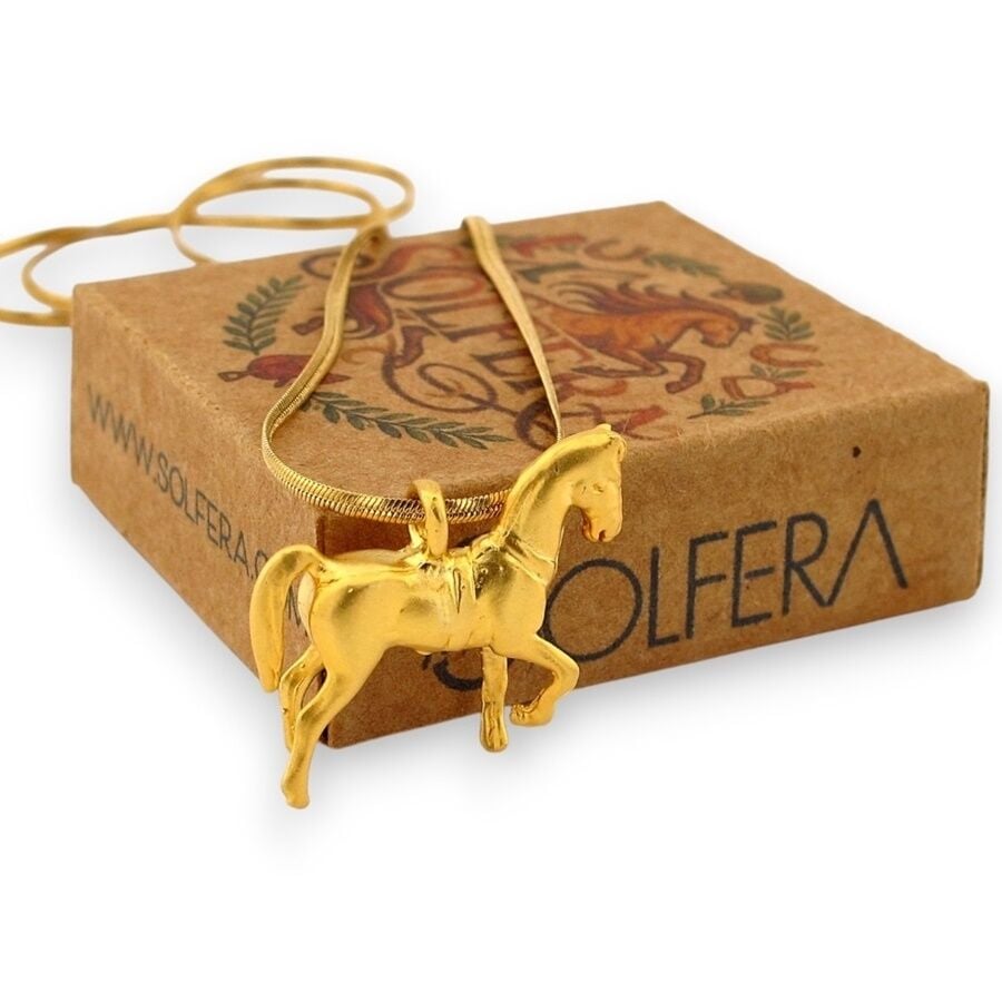 At Şeklinde Binicinilik Altın Kaplama Kolye Ucu İtalyan Çelik Zincir Unisex Kolye Q1002