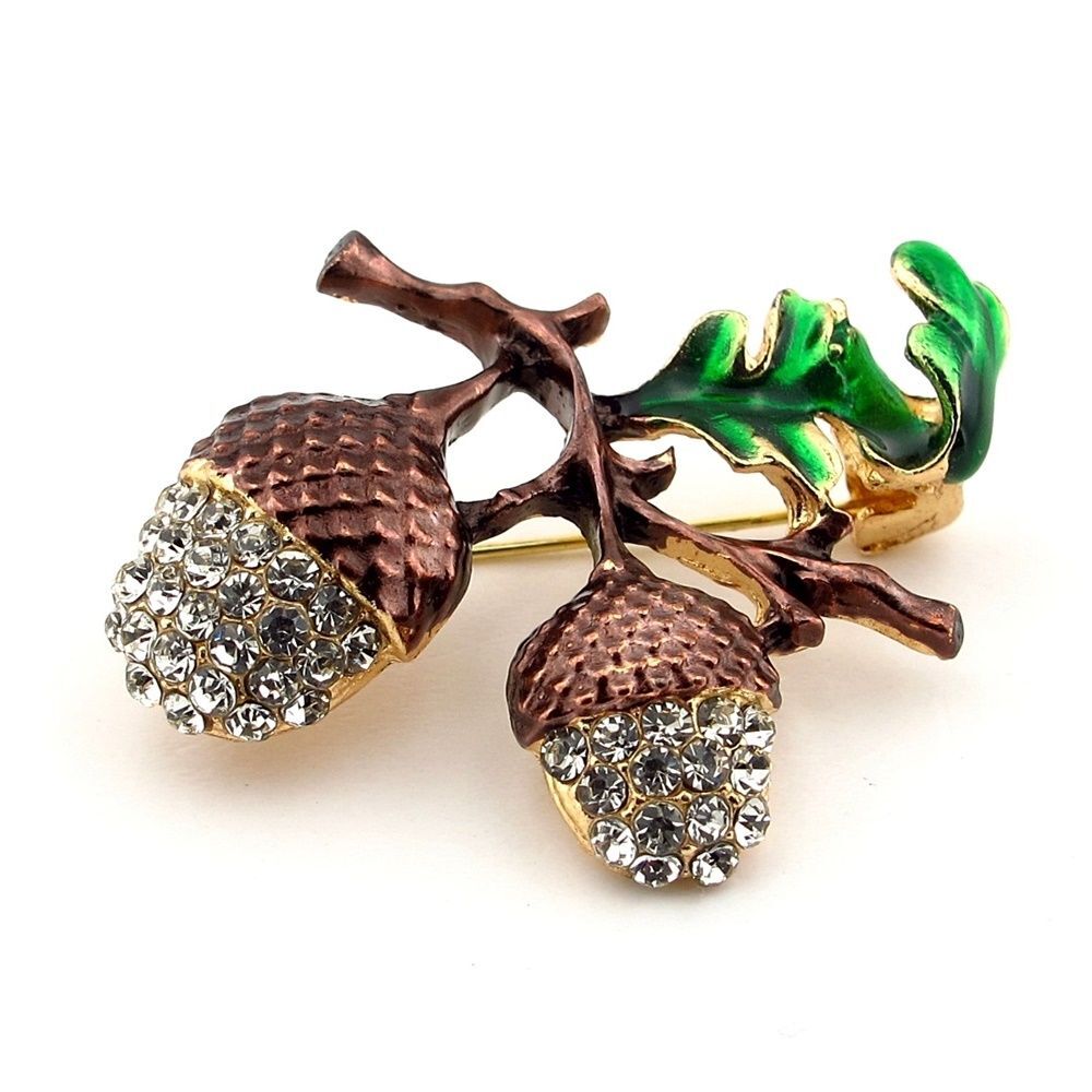 Meşe Palamudu Sonbahar Orman Doğa Zirkon Taşlı Metal Çanta Süsü Broş RZ321