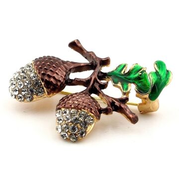 Meşe Palamudu Sonbahar Orman Doğa Zirkon Taşlı Metal Çanta Süsü Broş RZ321