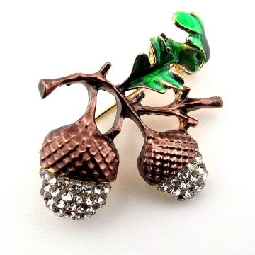 Meşe Palamudu Sonbahar Orman Doğa Zirkon Taşlı Metal Çanta Süsü Broş RZ321