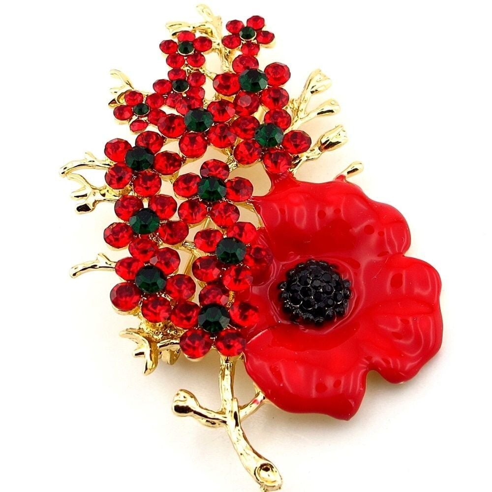 Kırmızı Gelincik Çiçek Kır Çiçeği Zirkon Taşı Yaka İğnesi  Broş RZ326