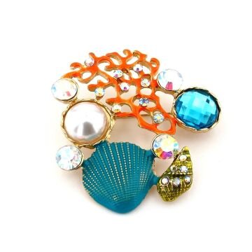 Mercan Resif Okyanus Deniz Temalı Zirkon Taşlı Metal Yaka Süsü Broş RZ449