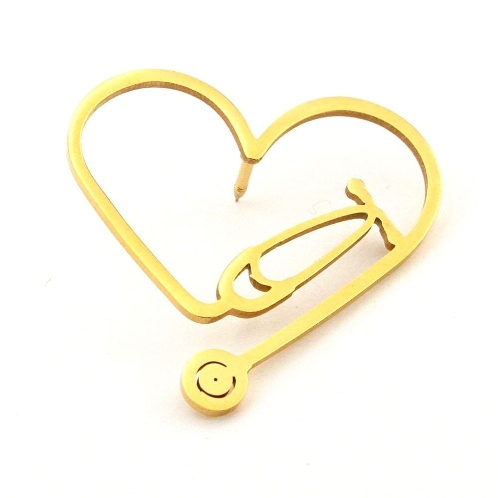 Kalp Şekilli Steteskop Doktor Hemşire Acil Servis Sarı Paslanmaz Çelik Broş Rozet RZ337