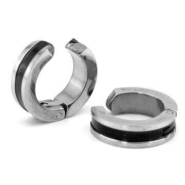 Sıkıştırmalı Kıskaçlı Siyah Şeritli Çizgi Paslanmaz Çelik Halka Erkek Küpe ER221