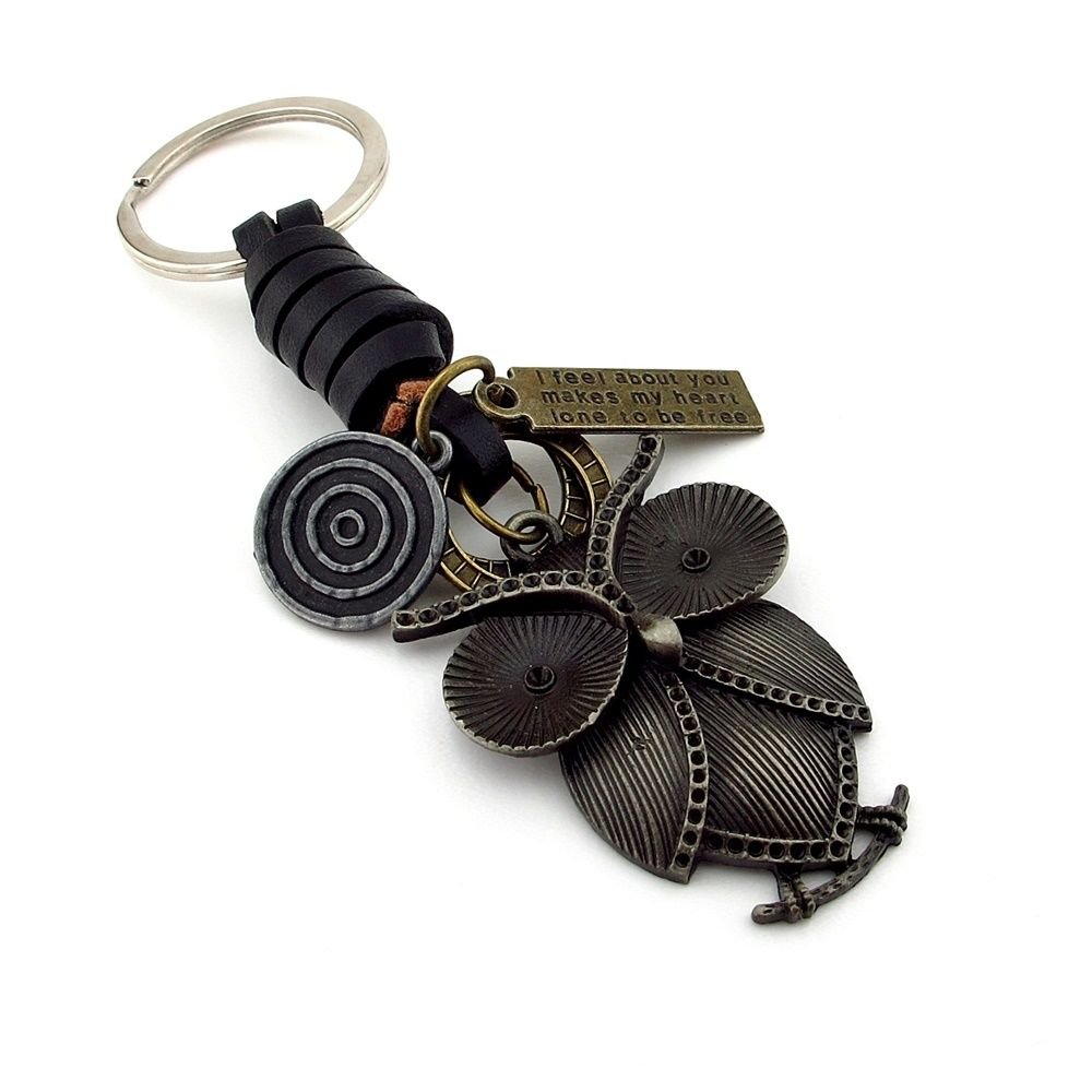 İri Gözlü Baykuş Siyah Gerçek Deri Metal Anahtarlık KC039