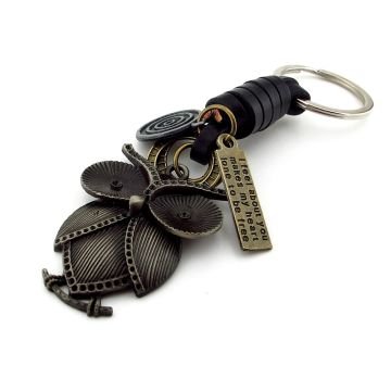 İri Gözlü Baykuş Siyah Gerçek Deri Metal Anahtarlık KC039