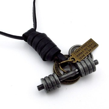 HALTER AĞIRLIK DAMBIL SİYAH DERİ METAL ERKEK KOLYE Q0417